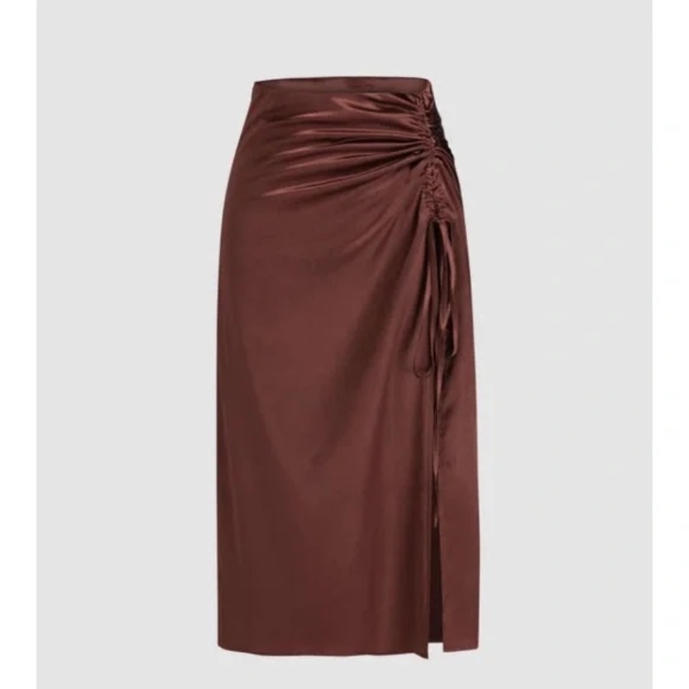 Cider Satin Brown Drawstring Midi Skirt